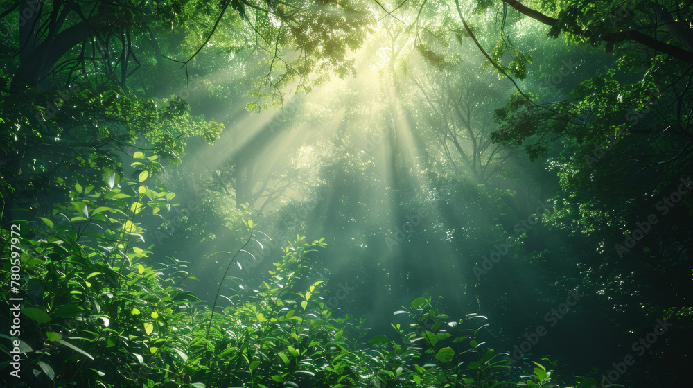 Forest Light, Sunbeam piercing dense foliage in a serene forest. Forest Light, Sunbeam piercing dense foliage in a serene forest.