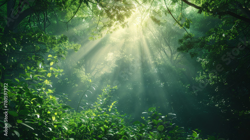 Forest Light, Sunbeam piercing dense foliage in a serene forest.
