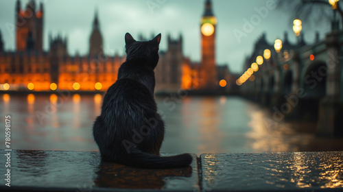 black cat sits in London and looks at Big Ben © Katrin_Primak