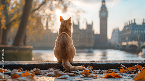 red cat sits in London and looks at Big Ben