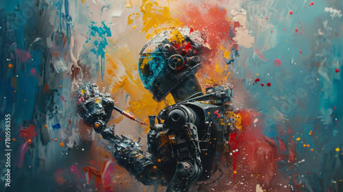 Robotic Art Creation  A robot arm crafts a vibrant abstract painting  amidst a colorful art studio environment.