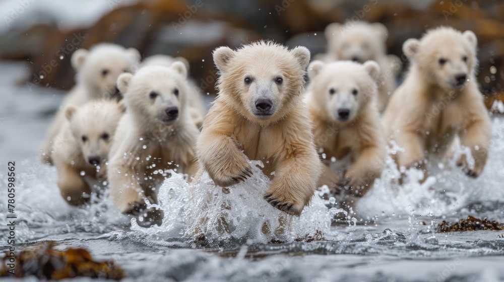 A group of a bunch of polar bears running through the water, AI