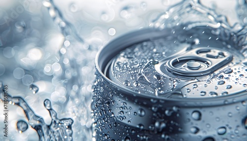 Silver soda can with water droplets on white background, popular beverage choice to quench thirst