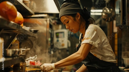 Develop a character sketch of a home cook who runs a small neighborhood restaurant, delving into their passion for food, their culinary style, and their interactions with customers ,ultraHD