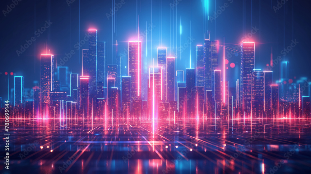 Cityscape on dark blue background with bright glowing neon. Technology city background.