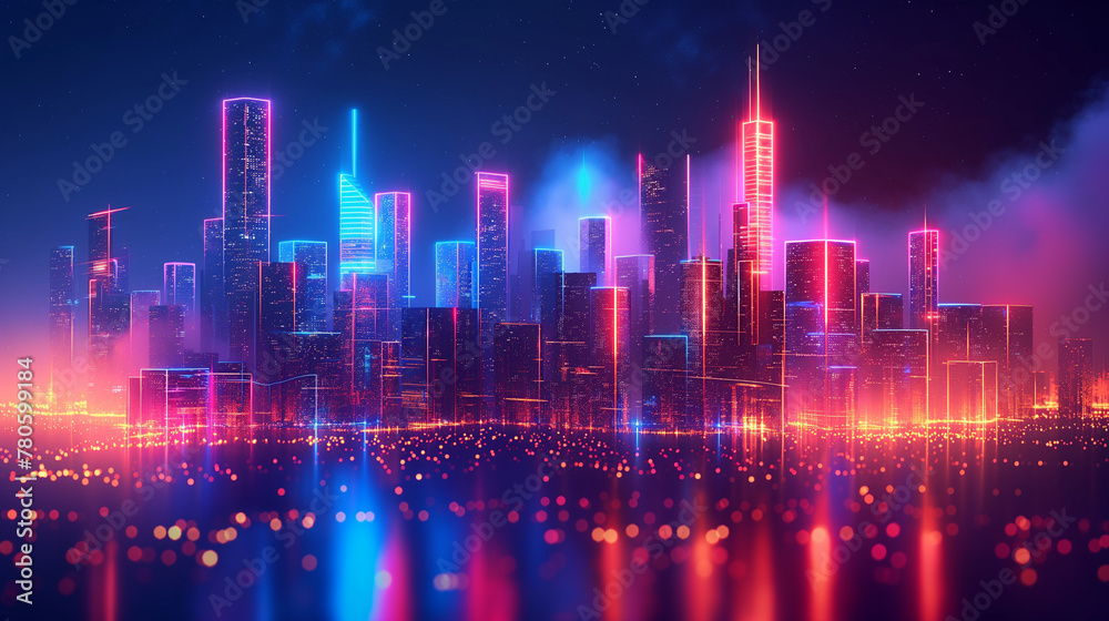 Cityscape on dark blue background with bright glowing neon. Technology city background.