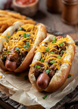 Chili hot dogs with shredded cheddar cheese and chopped green onions