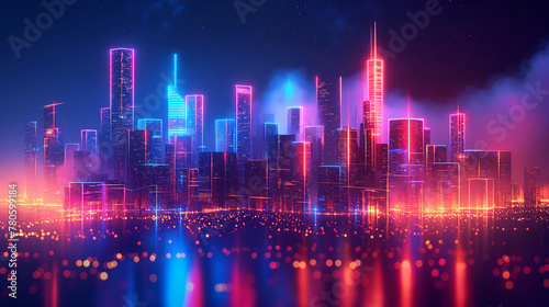 Cityscape on dark blue background with bright glowing neon. Technology city background. © Wasin Arsasoi