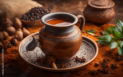Indian chai, steaming, spices visible, traditional clay cup, vibrant, warm colors
