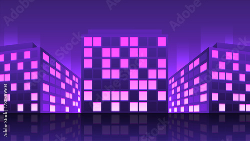 Night cyberpunk residential area with buildings. Windows glow in the evening in the neon colors of the house in perspective.