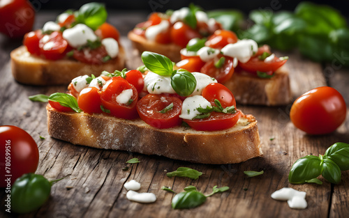 Italian bruschetta, cherry tomatoes, basil, mozzarella, drizzle of balsamic, rustic wood