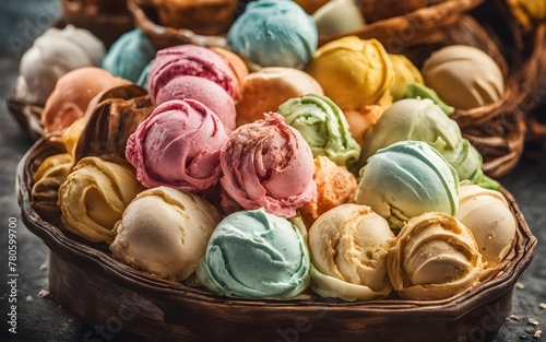 Italian gelato, assorted flavors, pastel colors, bright sunny Italian streets background © julien.habis