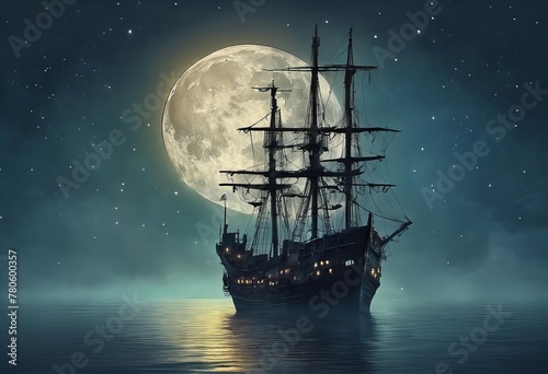 large ship sails in the ocean under a full moon photo