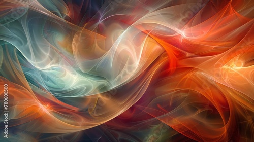 A colorful abstract painting with swirls of orange, blue and green, AI