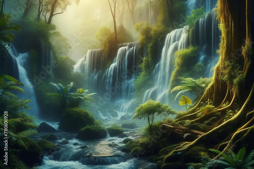 A lush green forest with waterfall and a small tree with a yellow flower