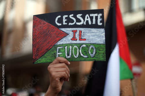 Cassino, Italy - March 29, 2024. March against the war in Palestine, sign with the words 