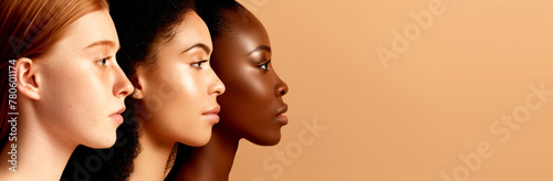 A profile shot of women with different skin tones, all looking towards the right on a neutral beige background.