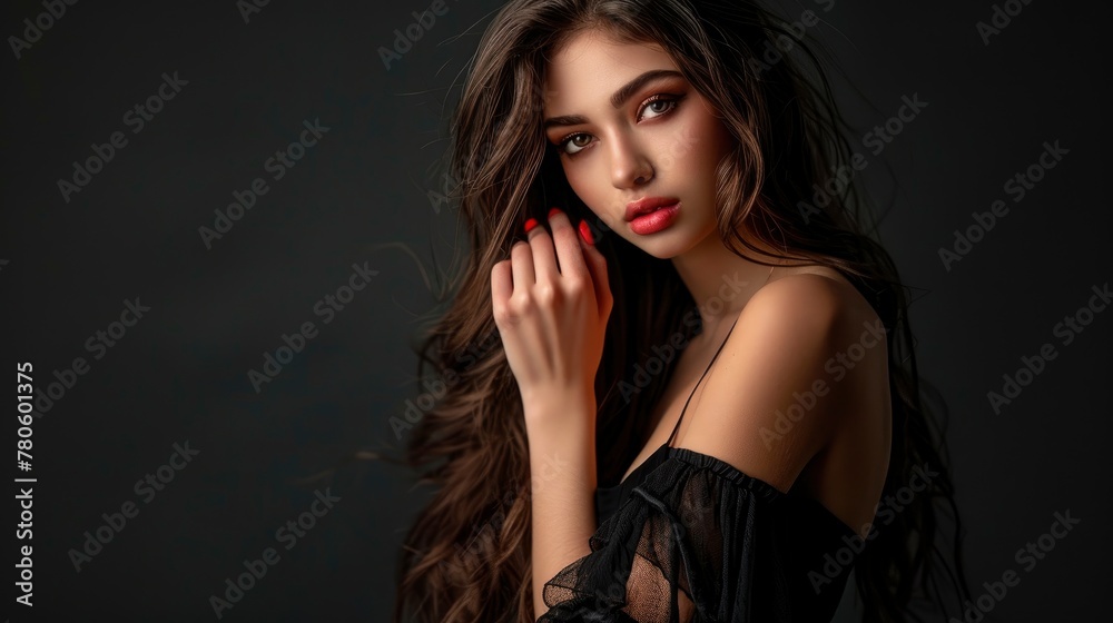 A beautiful girl with long brown hair, wearing black dress and red nail polish on her fingernails is posing for the camera against dark background, holding one hand near chest, looking at viewer A beautiful girl with long brown hair, wearing black dress and red nail polish on her fingernails is posing for the camera against dark background, holding one hand near chest, looking at viewer