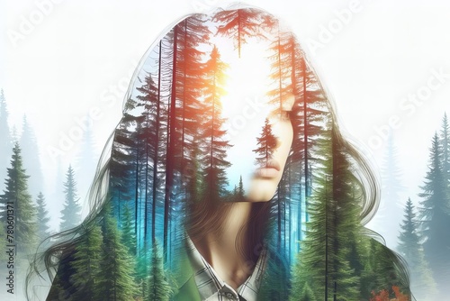 woman face is shown in a forest, with trees surrounding her