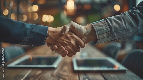 Corporate Handshake Over Digital Devices in Meeting. Two business professionals shaking hands firmly over a meeting table outfitted with digital tablets, symbolizing a concluded agreement. photo