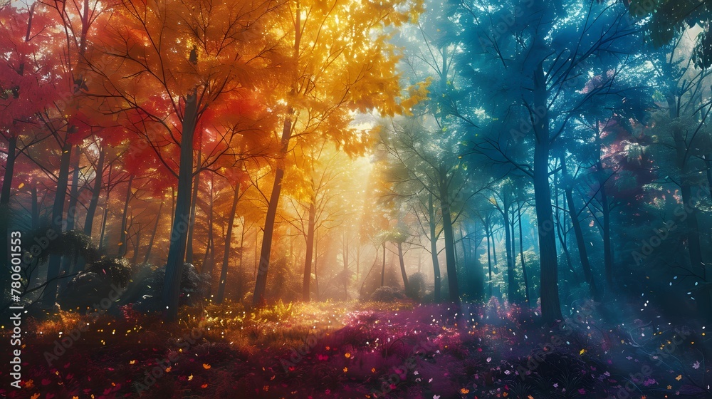 A forest where the leaves change color based on the worlds mood, captured through social media sentiment