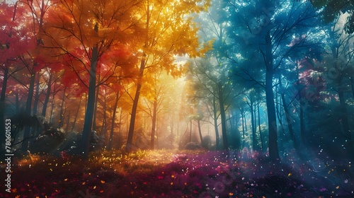A forest where the leaves change color based on the worlds mood, captured through social media sentiment photo