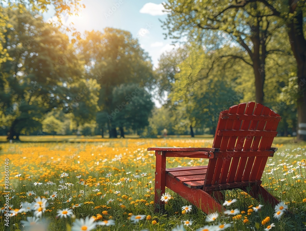 A cozy picnic chair clipart, positioned for a day of leisure in a vibrant, sunlit park setting