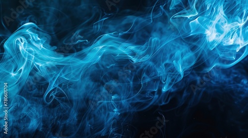 A blue smoke with swirling patterns against a black background, creating an abstract and mysterious atmosphere. The smoke forms delicate shapes that resemble human figures or animals #780601704