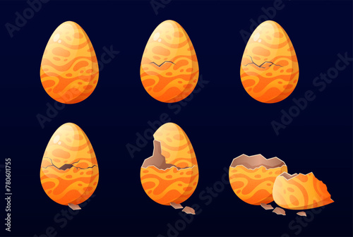 Cartoon magic egg hatching animation. Dragon eggs incubation, animated from cracks to shattered pieces of egg breaking open vector illustration set