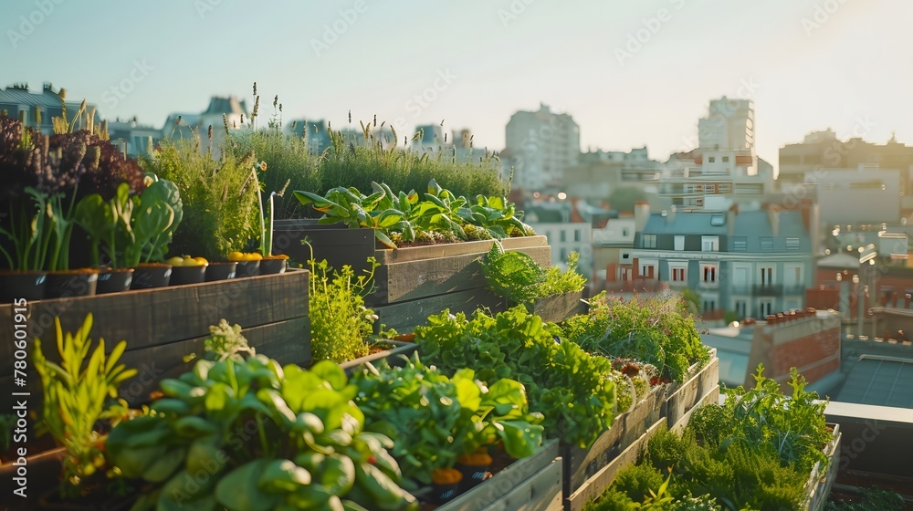 An urban rooftop garden where plants and vegetables grow in mid-air, without soil