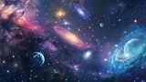 Beautiful space background with planets, stars, spiral galaxy, and blue nebula in vivid colors