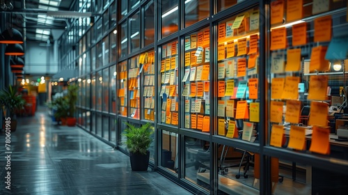 Modern Agile Workspace with Colorful Task Boards. Modern agile workspace with floor-to-ceiling windows, displaying a variety of colorful task boards for project management.