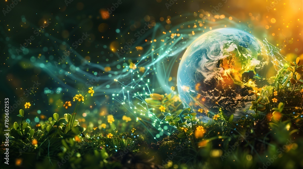 Close up planet digitalize nautre Tokenized carbon credits, depicted as a vibrant, flourishing earth Close up planet digitalize nautre Tokenized carbon credits, depicted as a vibrant, flourishing earth