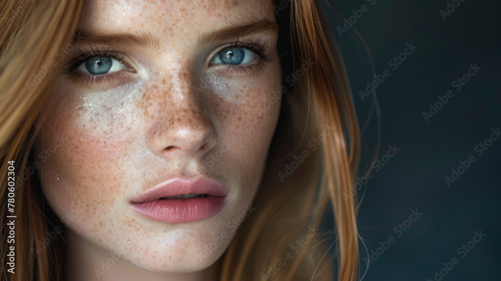 A close up portrait of an androgynous model with long straight ginger hair, blue eyes, silver eye shadow, pink lip gloss, high fashion makeup, beauty photography, beauty shot, beauty light, soft skin A close up portrait of an androgynous model with long straight ginger hair, blue eyes, silver eye shadow, pink lip gloss, high fashion makeup, beauty photography, beauty shot, beauty light, soft skin