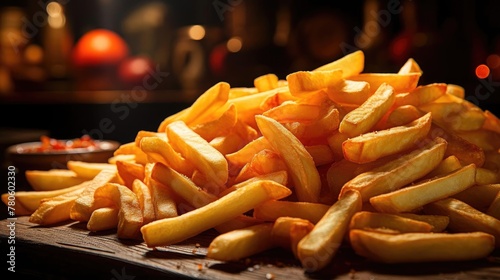 Delicious French fries, crunchy, salty, tasty, with blur background