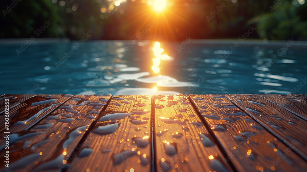 Empty brown wet wood surface in front of a blurred swimming pool. A tropical summer background used for product display.
