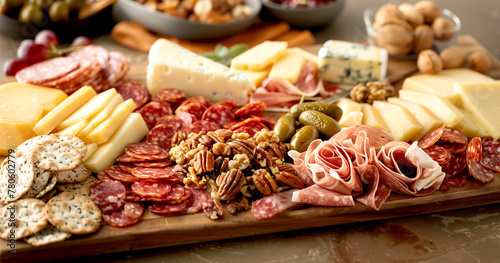 Deli meats, grapes, fruits and other ingredients are arranged on a cutting board.