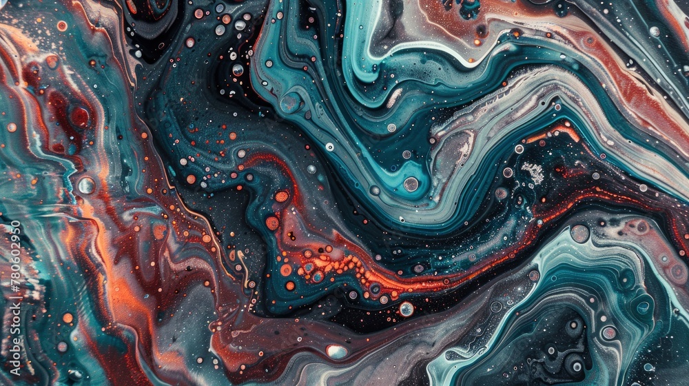 A closeup of an abstract painting with swirling patterns in shades of blue, red and black, resembling the surface of Mars. The paint is dripping down creating splashes that resemble water droplets