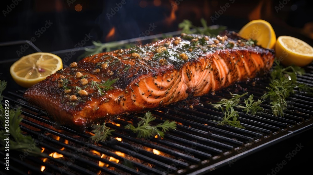Delicious grilled salmon with vegetable topping, black and blurred background Delicious grilled salmon with vegetable topping, black and blurred background