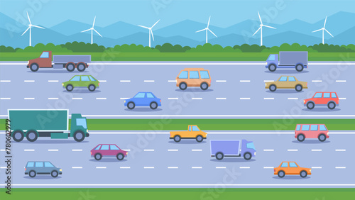 Traffic of cars on the highway at wind farms background. A simple flat illustration of an autobahn with moving cars.