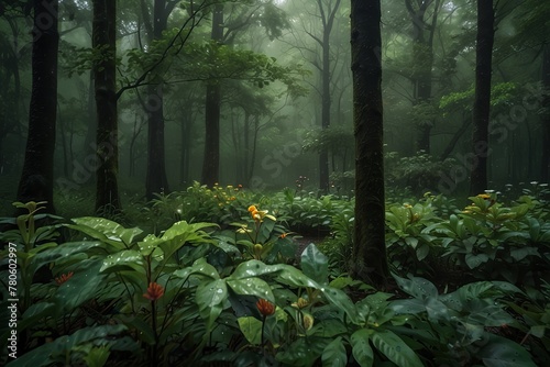 A lush, green forest in the midst of a spring rain with droplets clinging to the leaves and flowers blooming in vibrant colors photo