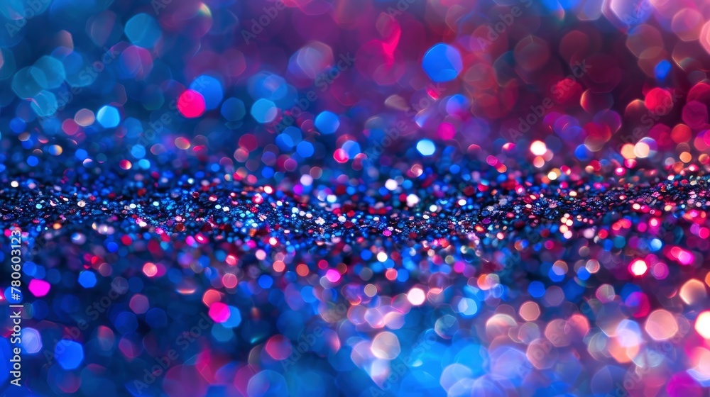 A closeup of glitter splattered on the surface, creating an abstract and vibrant pattern in shades of blue, purple, and red