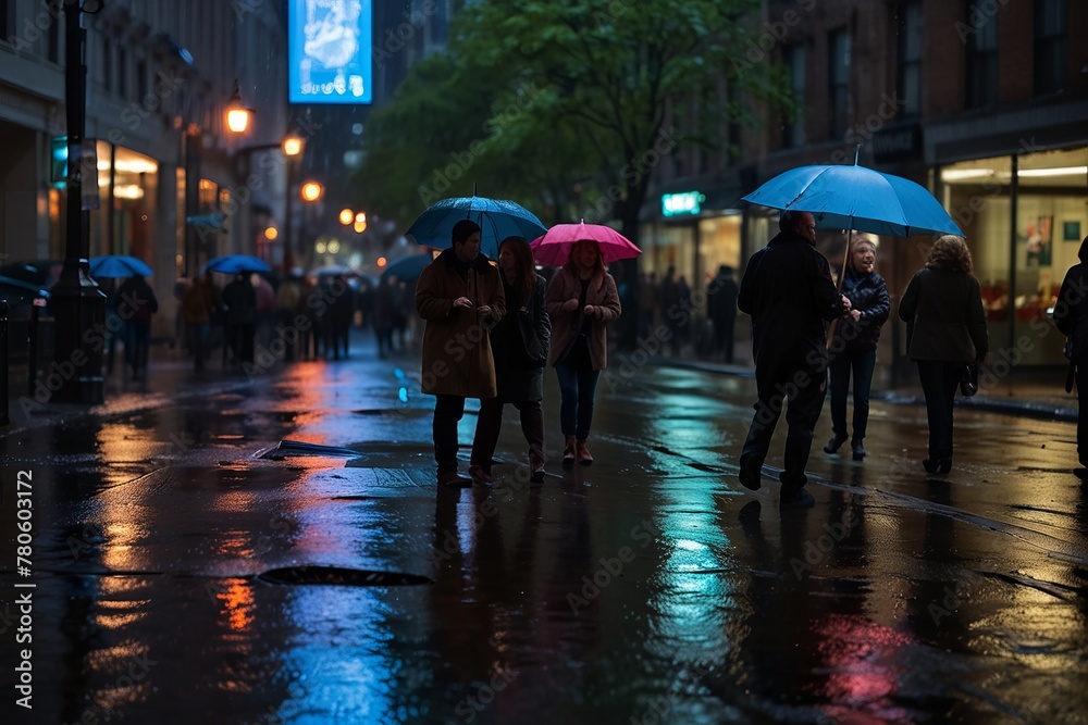A rainy spring day in the city with neon lights reflecting off the wet pavement and people huddled under umbrellas