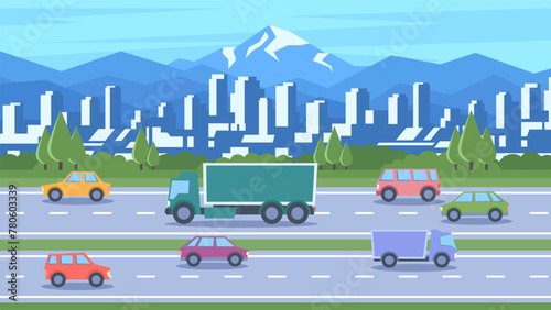 Cars drive in different directions on the road to the modern city and mountain background. Horizontal simple flat illustration of cityscape.