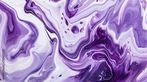 A closeup of purple and white acrylic paint swirling together, creating an abstract pattern on the canvas