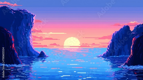 Tranquil seascape with setting sun between rocky cliffs in pixel art style photo