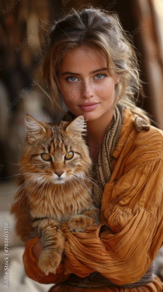 A woman in a brown dress holding an orange tabby cat, AI