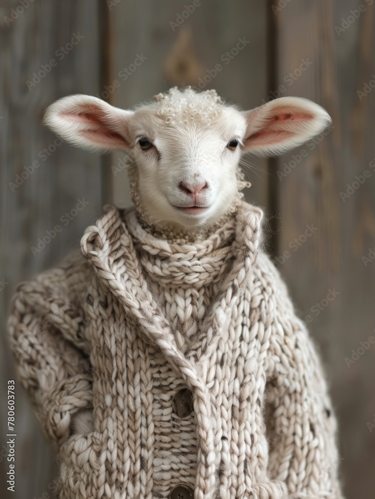 A lamb in a soft, textured cardigan, with a fashion shoot vibe thata  s both pastoral and polished