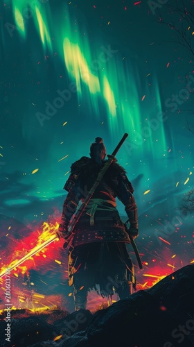 A lone warrior stands before the northern lights, his fiery blade casting a warm glow against the cold night © kitinut