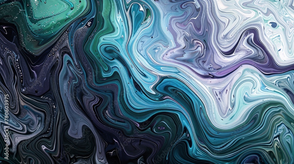 Obraz premium A closeup of the surface texture of oil slicks on water, with swirling patterns and colors resembling marbleized swirls in shade